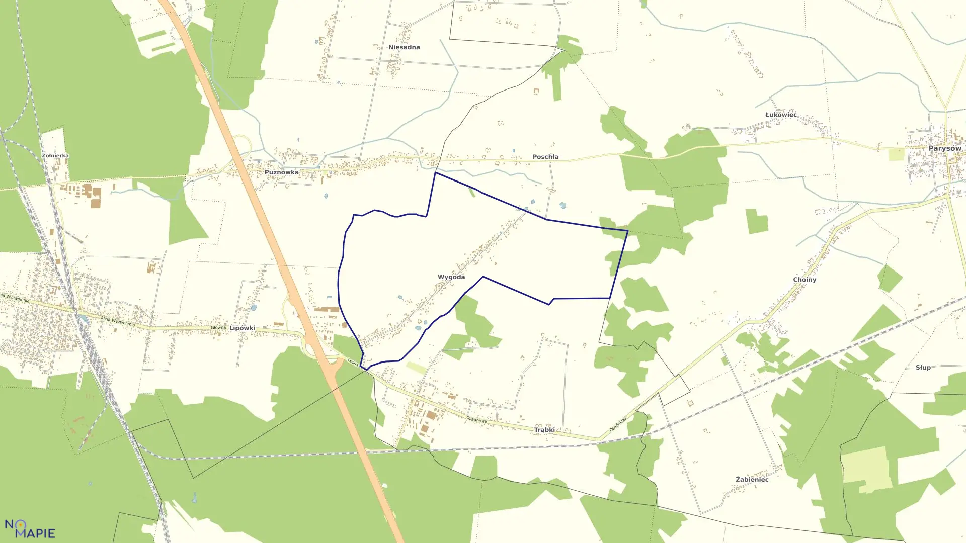 Mapa obrębu WYGODA w gminie Pilawa